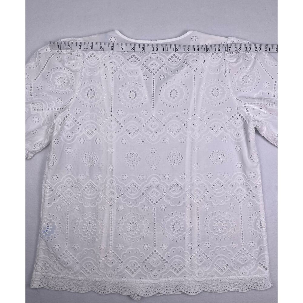 J. McLaughlin Jonie White Eyelet Cotton Blouse Split Neck Puff Sleeve Size L - Picture 10 of 10